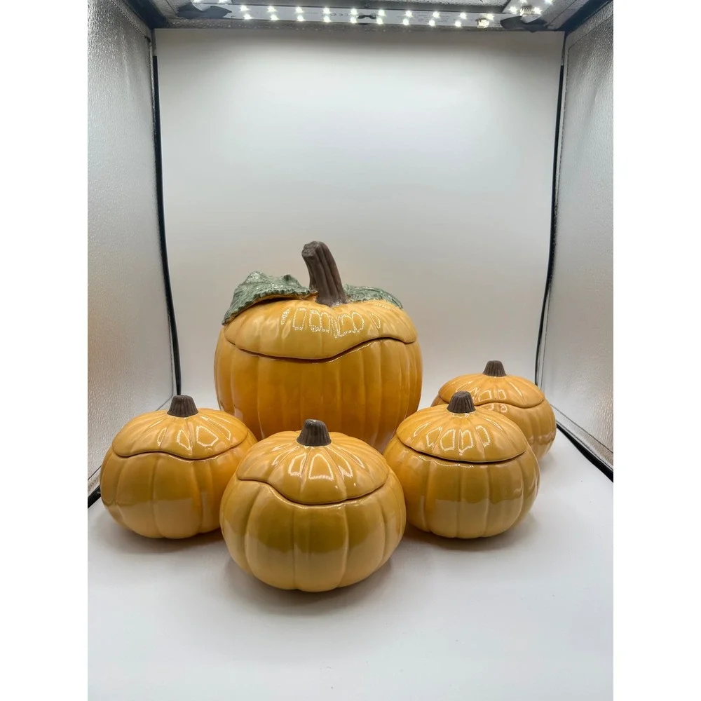 Williams Sonoma Pumpkin Tureen & 4 Lidded Bowls Set Orange Stoneware Fall Decor